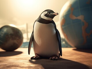 penguin on the background of planet earth. World Penguin Day. protecting animals.