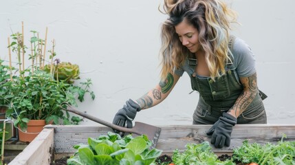 a cool and good looking woman with colorized hair, tattoos and gardening gloves standing and interacting with a wooden raised bed filled with lettuce,  - Powered by Adobe