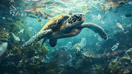 Naklejka na ściany i meble Sea Turtle Swims Through Ocean Full of Plastic Waste A Striking Reminder of Marine Life Under Stress