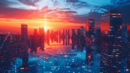 Skyscrapers of a smart city at sunset.