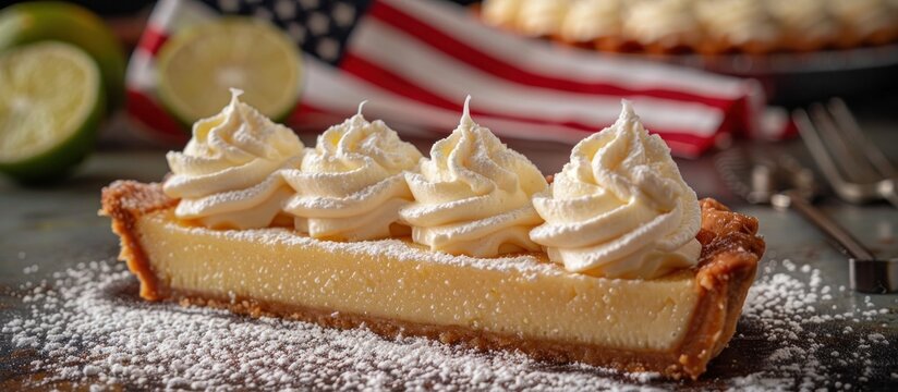 Key Lime Pie Bite Dusted with Powdered Sugar on American Flag Tablecloth - A Tempting Culinary Delight
