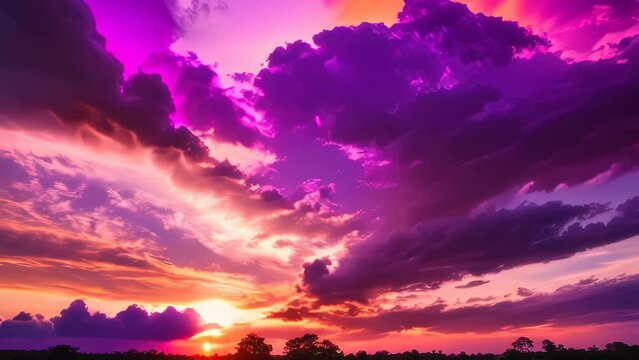 Video animation of sunset with the sky painted in vibrant shades of purple, pink, and orange. Dark silhouettes of clouds are highlighted by the radiant colors of the setting sun