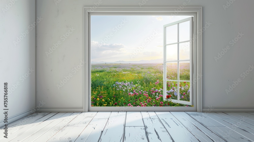 Poster a open window with a white frame positioned in the center of a light, neutral wall.