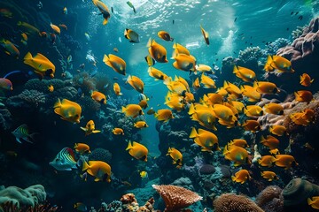 Fototapeta na wymiar Vibrant Tropical Fish School Dart Among Coral Reefs A Dazzling Underwater Spectacle