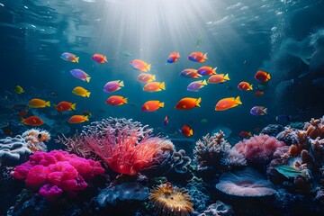 Fototapeta na wymiar Vibrant Schools of Tropical Fish Dart Amongst Stunning Coral Reefs