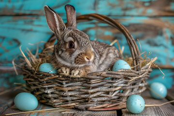 Fototapeta na wymiar happy easter!bunny and Easter eggs, basket, Dutch rabbit, domestic rabbit