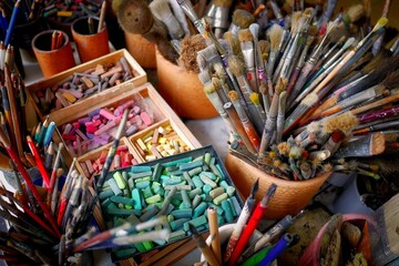 Brushes of various colors lie beside a palette of vibrant pigments, their bristles poised for...