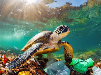 Foto op Canvas Sea turtle in water, garbage pollution. © Chetsadakorn