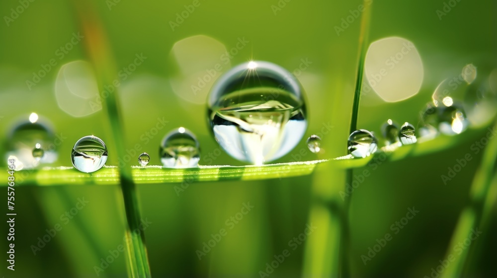 Poster mesmerizing hyper zoom into a droplet on a blade of grass