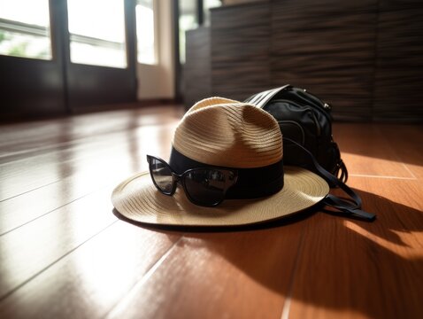 a hat and sunglasses and a bag on the floor in the room. the concept of tourism and travel. Going on vacation