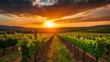 Peaceful vineyard with rows of grapevines during sunset - obrazy, fototapety, plakaty