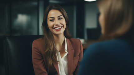 Obraz premium Beautiful Business woman smiling having a meeting interview wearing suit and formal clothes