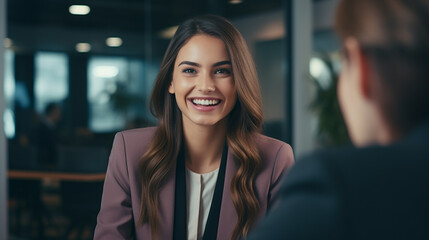 Obraz premium Beautiful Businesswoman smiling having a meeting interview wearing a suit and formal clothes
