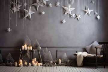 Magical room filled with candles and stars hanging from the ceiling - obrazy, fototapety, plakaty