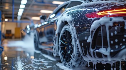 Sports car being cleaned with white foam at a car wash service - obrazy, fototapety, plakaty