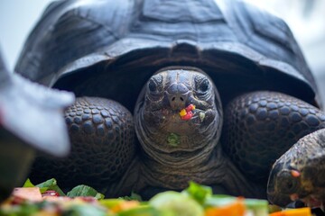 Aldabra Giant Tortoises are eating vegetables and fruit together