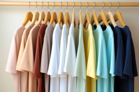 A clothing rack displays fashionable clothes in a bright and colorful closet, featuring pastel minimal color choices of trendy female wear on hangers.