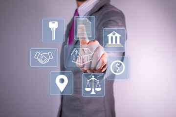 real estate salesman. Mortgage and real estate purchase concept. Financial icons