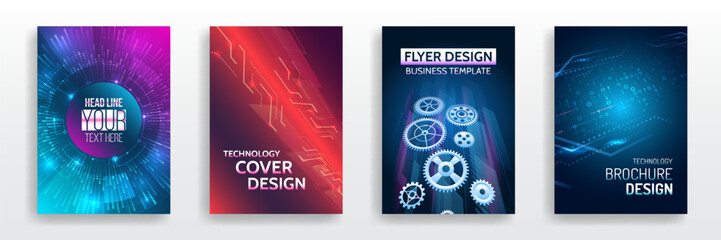 Fototapeta premium Set of high-tech covers for marketing. Modern technology design for posters. Futuristic background for flyer, brochure. Scientific cover template for presentation, banner.