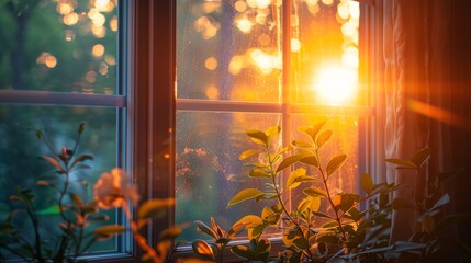 Sun setting through a window, perfect for home decor