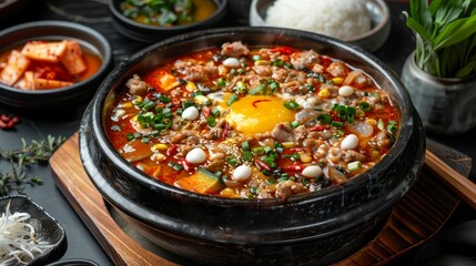 Sundubu Jjigae on a black background, Korean Cuisine 