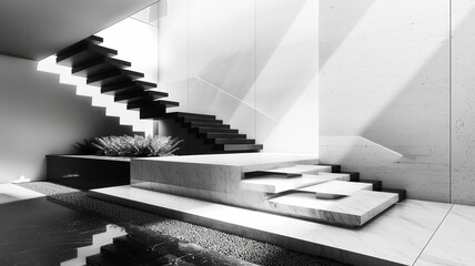 Implementing a staircase in sleek monochrome tones, with each step gradually transitioning from...