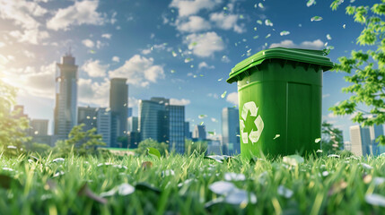 Portrait of green trash can recycle bin on green city background, saving environment concepts,  - obrazy, fototapety, plakaty