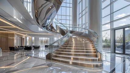 Implementing a staircase in sleek silver tones, with reflective surfaces that catch and play with the light, for a futuristic and glamorous vibe in the lobby.