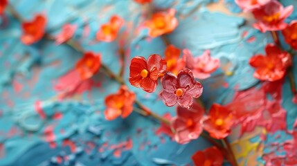 A detailed view of three-dimensional red flowers emerging from an abstract blue textured painting.