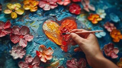 An artist's hand skillfully adds vibrant details to a heart painting surrounded by textured floral designs.