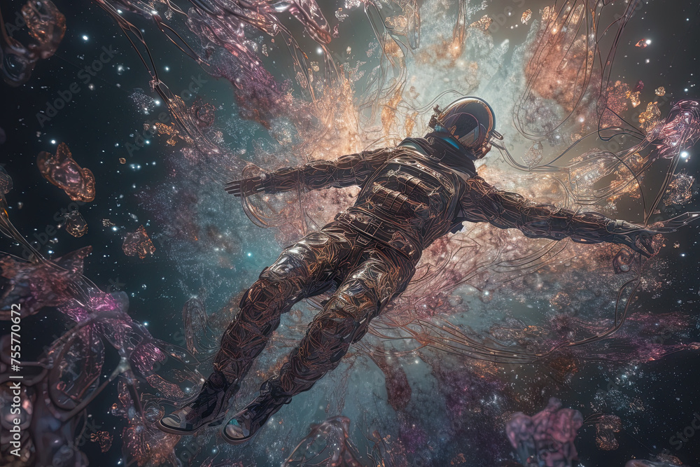 Poster astonaut soaring in astral space in magic trip with surreal sparkles and aura.