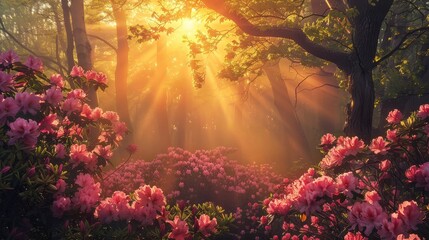 A stunning scene of sunlight streaming through a forest canopy, casting ethereal rays over lush rhododendron blossoms.