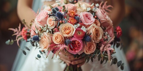 A bridal bouquet with soft, romantic pastel tones, featuring pink roses and eucalyptus.