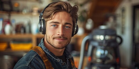 Fototapeta na wymiar Portrait of a cheerful and handsome worker, wearing headphones, smiling while listening to music.