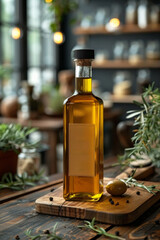 A rustic table setting with a bottle of healthy extra virgin olive oil, emphasizing its organic and herbal nature.