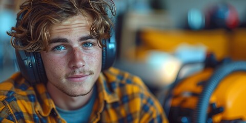 Portrait of a handsome guy, confidently smiling, wearing protective earphones, working with noisy tools.