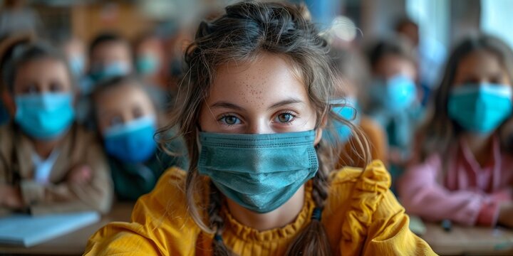 Children In A School Wearing Face Masks For Virus Prevention, Highlighting Health And Safety.