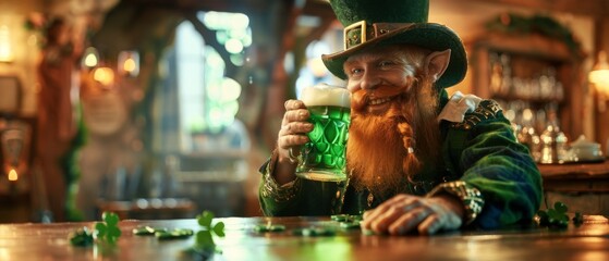 Leprechaun joyfully drinking green beer at a rustic Irish pub