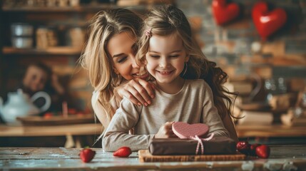 A tender moment as a mother embraces her young daughter while presenting a chocolate bar wrapped with a heart.