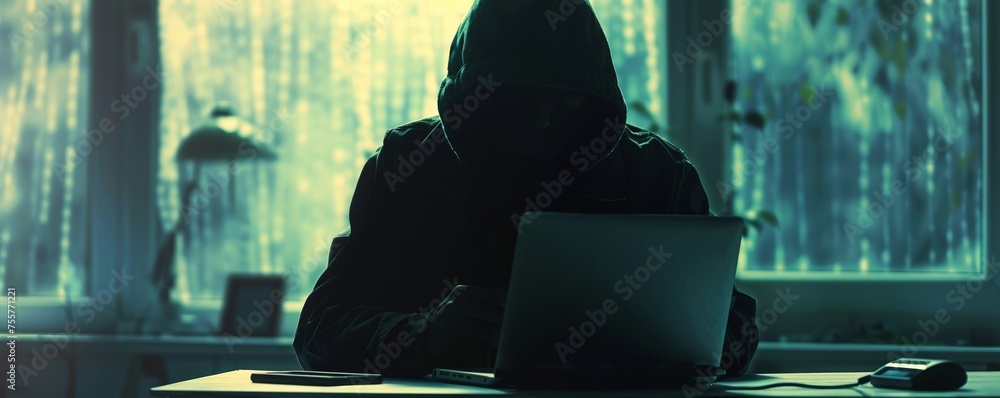 Aufkleber mysterious hacker with hood multitasking on laptop and smartphone breaching privacy in a shadowy dat
