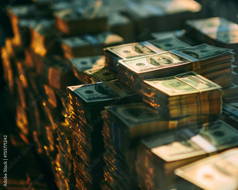 Poster money in stacks casting soft shadows the texture of wealth