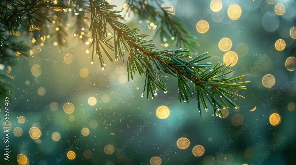 Poster pine branches with dewdrops illuminated by a soft bokeh of lights conveying the freshness of nature