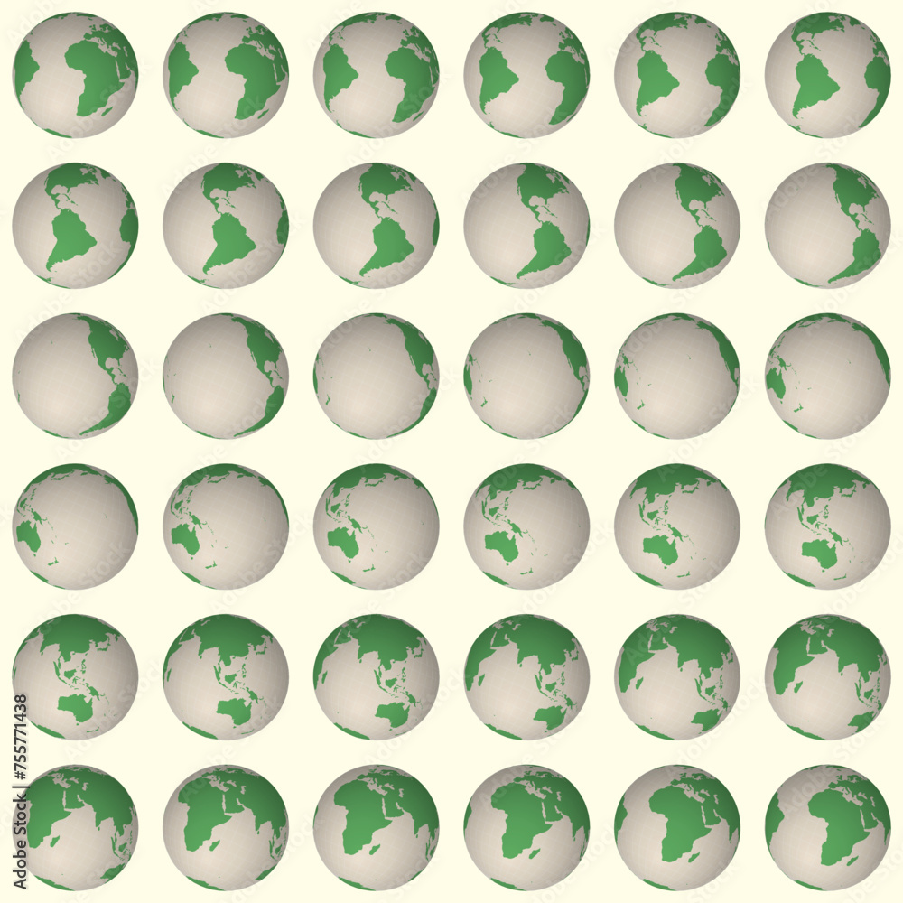 Poster Collection of planet globes. Tilted sphere view. Rotation step 10 degrees. Solid color style. World map with sparse graticule lines on warm background. Bold vector illustration.