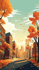 Autumn city with trees falling yellow leaves. Vector illustration.