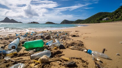 Polluted beaches with discarded plastic bottles