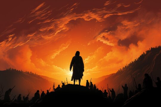 Silhouette of jesus preaching sermon on mountain top in ministry, biblical gospel teaching