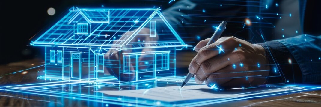Real estate agent signing contract holographic house projection