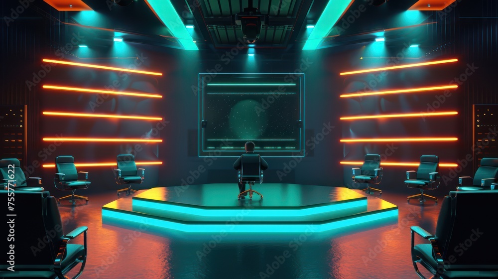 Poster a single presenter and contestants sitting on a 3d stage for quiz show one large led on the stage ,d