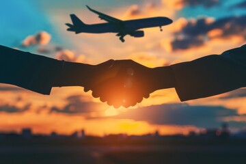 Silhouetted handshake with an aircraft descending in the background illustrating the reach and agreements of the travel industry - obrazy, fototapety, plakaty