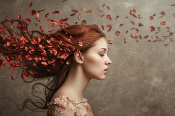 Side portrait of a lady her hair merging with a cascade of petals representing growth and the flourishing of life